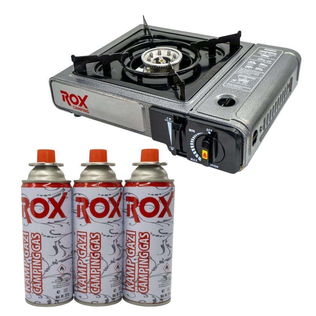 Rox Camping 0103 Tekli Portatif Kamp Ocak(Ekstra Gaz Girişli) - 3 Adet Rox Valfli Kamp Gazı Kartuş 227gr Hediyeli
