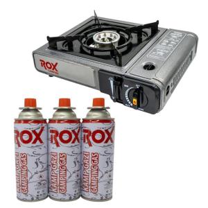 Rox Camping 0103 Tekli Portatif Kamp Ocak(Ekstra Gaz Girişli) - 3 Adet Rox Valfli Kamp Gazı Kartuş 227gr Hediyeli